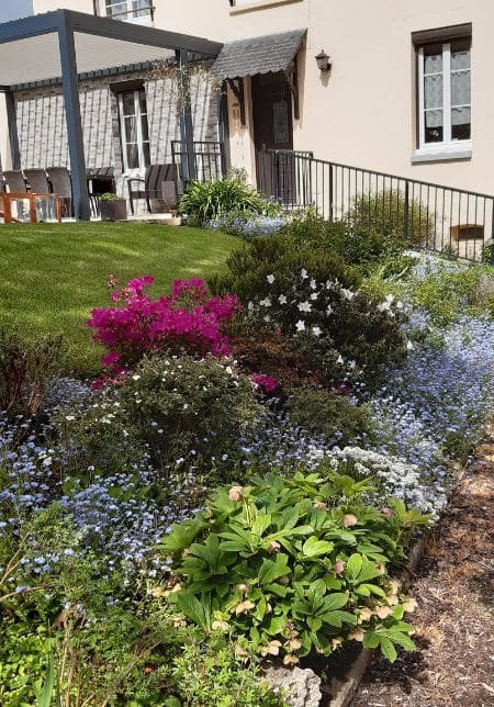 Un jardin fleuri entourant les chambres d'hôtes Lecarpentier
